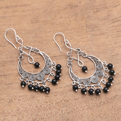 Onyx beaded waterfall earrings, 'Night Beads' - Onyx Beaded Waterfall Earrings Crafted in Bali