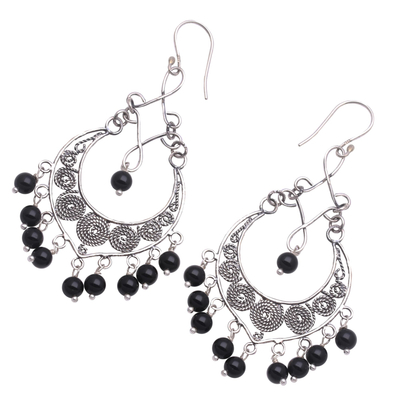Onyx beaded chandelier earrings, 'Night Beads' - Onyx Beaded Chandelier Earrings Crafted in Bali