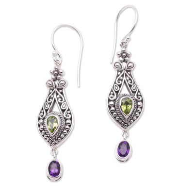 Faceted Peridot and Amethyst Dangle Earrings from Bali