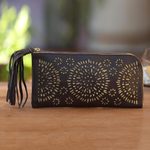 Leather clutch, 'Borobudur Stars in Coffee' - Circle Pattern Leather Clutch in Espresso from Bali