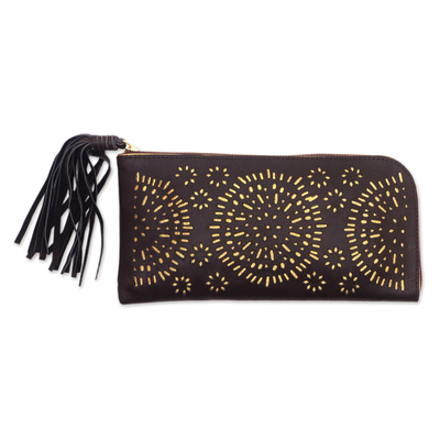 Leather clutch, 'Borobudur Stars in Coffee' - Circle Pattern Leather Clutch in Espresso from Bali