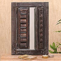 Wood wall mirror, 'Balinese Window in Brown' - Shuttered Brown Wood Wall Mirror from Bali