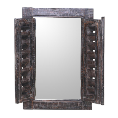 Wood wall mirror, 'Balinese Window in Brown' - Shuttered Brown Wood Wall Mirror from Bali