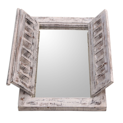 Espejo de pared de madera - Espejo de pared de madera encalada con contraventanas
