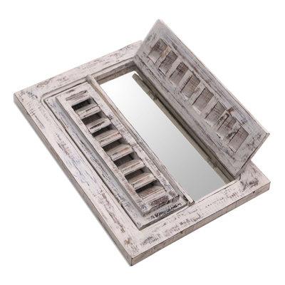 Wood wall mirror, 'Balinese Window in White' - Whitewashed Wood Wall Mirror with Shutters