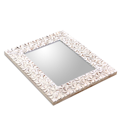 Wood wall mirror, 'Jepun Garden' - Floral Pattern Whitewashed Wood Wall Mirror from Bali