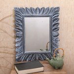 Wood wall mirror, 'Plaga Forest in Blue' - Leaf Pattern Wood Wall Mirror in Brown from Bali