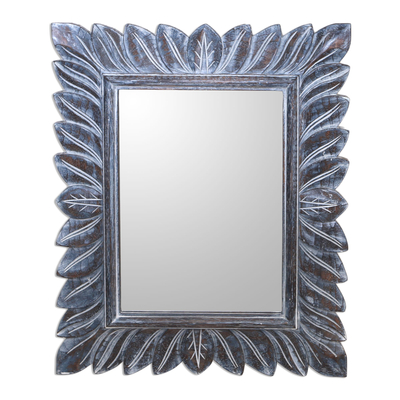 Wood wall mirror, 'Plaga Forest in Blue' - Leaf Pattern Wood Wall Mirror in Brown from Bali