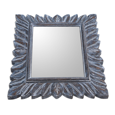 Wood wall mirror, 'Plaga Forest in Blue' - Leaf Pattern Wood Wall Mirror in Brown from Bali