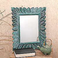 Wood wall mirror, 'Plaga Forest in Green' - Leaf Pattern Wood Wall Mirror in Green from Bali