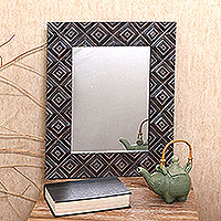 Wood wall mirror, 'Dark Squares' - Square Pattern Wood Wall Mirror from Bali