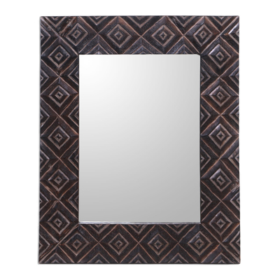 Wandspiegel aus Holz, 'Dunkle Quadrate'. - Wandspiegel aus Holz mit quadratischem Muster aus Bali