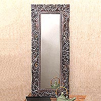 Wood wall mirror, 'Sacred Garden' - Hand-Carved Wood Wall Mirror Crafted in Bali