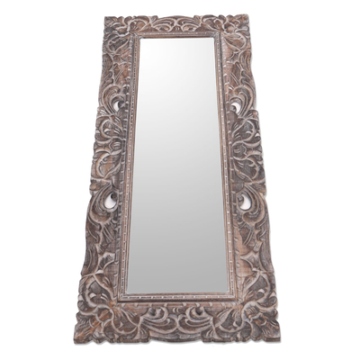 Wood wall mirror, 'Sacred Garden' - Hand-Carved Wood Wall Mirror Crafted in Bali