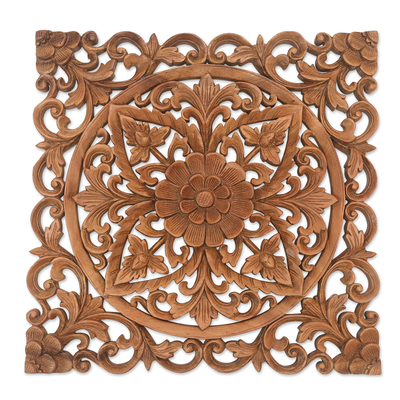 Wood relief panel, 'Square Lotus' - Square Floral Suar Wood Relief Panel from Bali