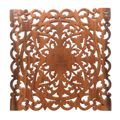 Wood relief panel, 'Square Lotus' - Square Floral Suar Wood Relief Panel from Bali