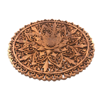 Wood relief panel, 'Round Lotus' - Round Floral Suar Wood Relief Panel from Bali