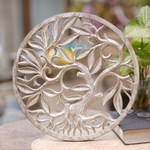 Wood relief panel, 'Snowy Tree' - Whitewashed Wood Tree Relief Panel Crafted in Bali