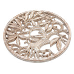 Wood relief panel, 'Snowy Tree' - Whitewashed Wood Tree Relief Panel Crafted in Bali