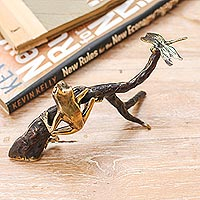 Brass sculpture, 'The Hunt' - Frog and Dragonfly-Themed Antiqued Brass Sculpture from Bali