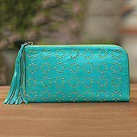 Leather clutch, 'Bintang Elegance in Turquoise'