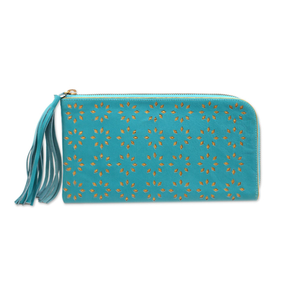 Patterned Leather Clutch in Turquoise from Bali