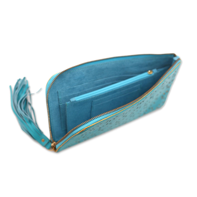 Leather clutch, 'Bintang Elegance in Turquoise' - Patterned Leather Clutch in Turquoise from Bali