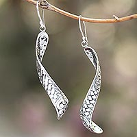 Sterling silver dangle earrings, 'Curving Weave' - Weave Pattern Sterling Silver Dangle Earrings from Java