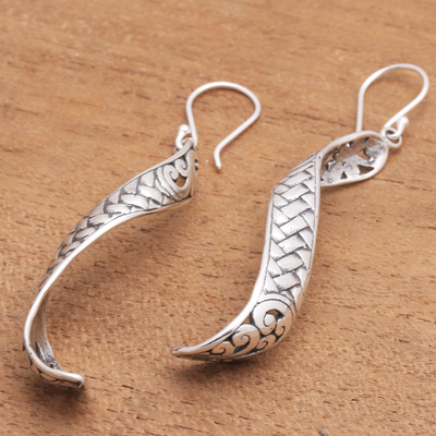 Sterling silver dangle earrings, 'Curving Weave' - Weave Pattern Sterling Silver Dangle Earrings from Java