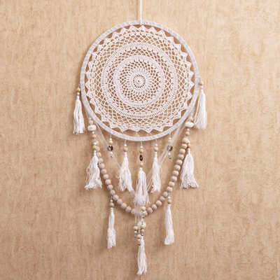 Cotton wall hanging, 'Elegant Dream' - Handmade Cotton Wall Hanging with Wood Beads from Bali