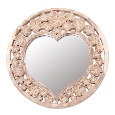 Wood wall mirror, 'Jepun Love' - Whitewashed Floral Heart-Shaped Wood Wall Mirror