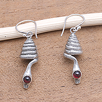 Garnet dangle earrings, 'Coiled Snakes' - Snake-Shaped Garnet Dangle Earrings from Bali