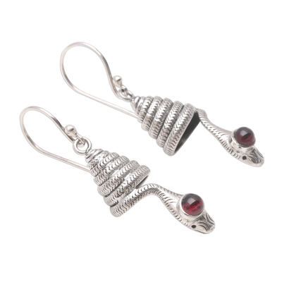 Garnet dangle earrings, 'Coiled Snakes' - Snake-Shaped Garnet Dangle Earrings from Bali