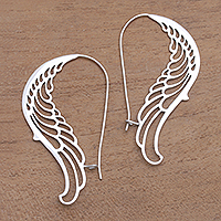 Wing-Shaped Sterling Silver Hoop Earrings from Bali,'Otherworldly Wings'