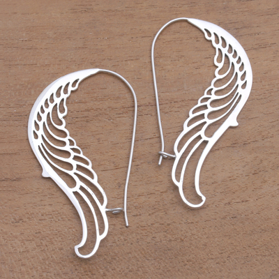 Sterling silver hoop earrings, 'Otherworldly Wings' - Wing-Shaped Sterling Silver Hoop Earrings from Bali