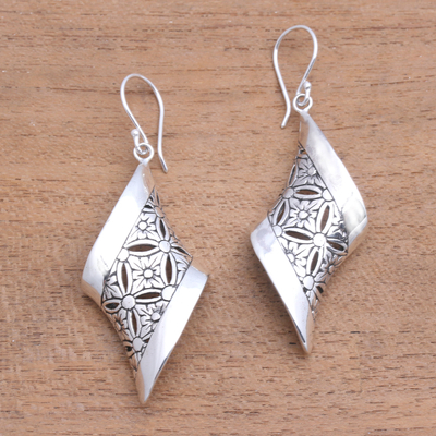 Sterling silver dangle earrings, 'Curved Bliss' - Curved Floral Sterling Silver Dangle Earrings from Bali