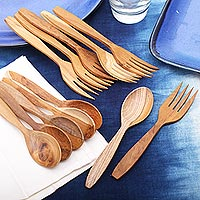 Teak wood fork and spoon set, 'Nature's Course' (12 piece) - Teak Wood Fork and Spoon Set from Bali (12 Piece)