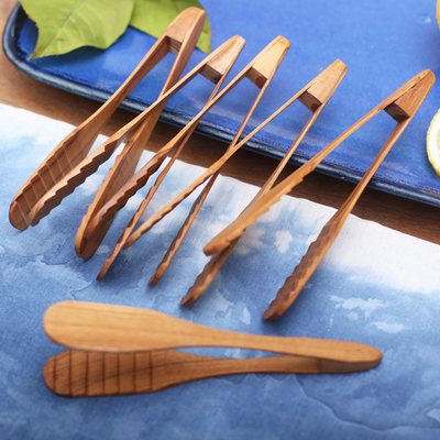 Teak wood tongs, 'Easy Service' (set of 6) - Handcrafted Teak Wood Tongs from Bali (Set of 6)