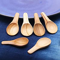 Teak wood scoops, 'Healthy Meal' (set of 6) - Round Teak Wood Scoops from Bali (Set of 6)