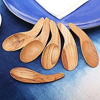 Teak wood spoons, 'Stylish Meal' (set of 6) - Curved Teak Wood Scoops from Bali (Set of 6)