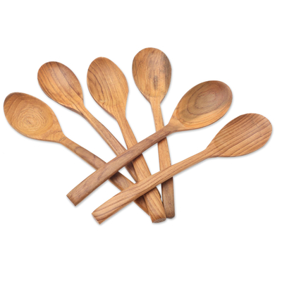 Teak wood spoons, 'Warm Memory' (set of 6) - Handcrafted Teak Wood Spoons from Bali (Set of 6)