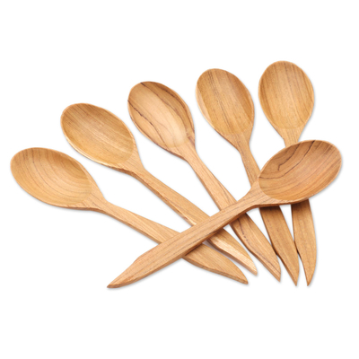 Teak wood spoons, 'Fine Dinner' (set of 6) - Teak Wood Spoons with Pointed Ends from Bali (Set of 6)