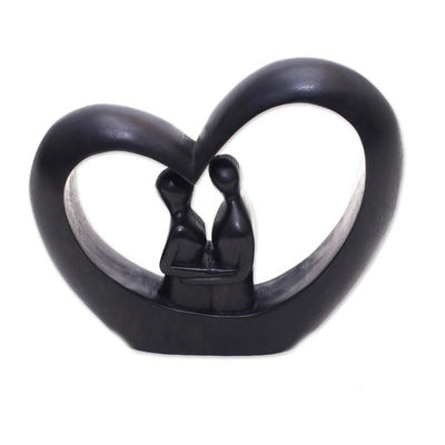 Wood sculpture, 'Love Within' - Heart-Shaped Romantic Wood Sculpture in Black from Bali