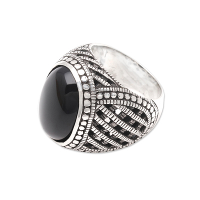 Oval Black Onyx Single-Stone Ring Crafted in Bali - Oval Power | NOVICA