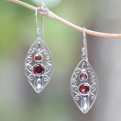Garnet dangle earrings, 'Eye Charm' - Eye-Shaped Garnet Dangle Earrings from Bali