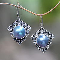 Cultured mabe pearl dangle earrings, 'Sky Houses' - Blue Cultured Pearl Dangle Earrings from Bali