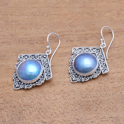 Cultured pearl dangle earrings, 'Sky Houses' - Blue Cultured Pearl Dangle Earrings from Bali
