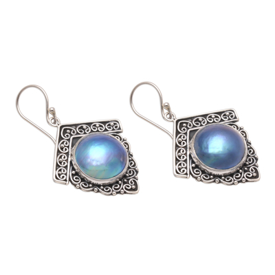 Cultured pearl dangle earrings, 'Sky Houses' - Blue Cultured Pearl Dangle Earrings from Bali