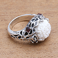Garnet cocktail ring, 'Flower and Stone' - Floral Garnet Cocktail Ring from Bali