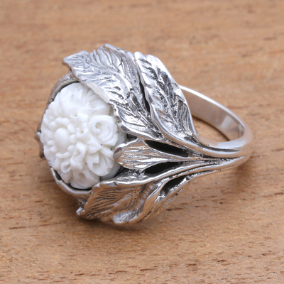 Sterling silver and bone cocktail ring, 'Leafy Flower' - Floral Sterling Silver and Bone Cocktail Ring from Java